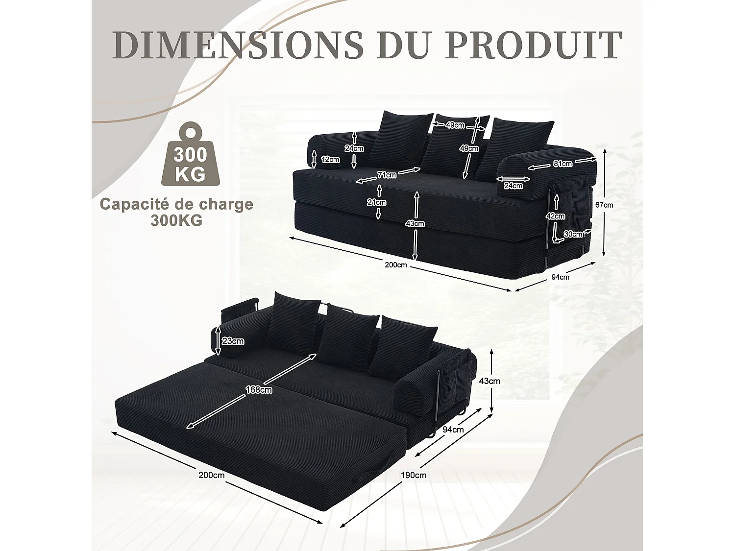Kaleido 2.0 - Canapé Modulable en Velours Côtelé –  Cadre Métallique Externe - Poches de Rangement et 3 Coussins Inclus - Noir – Idéal pour Salon, Appartement