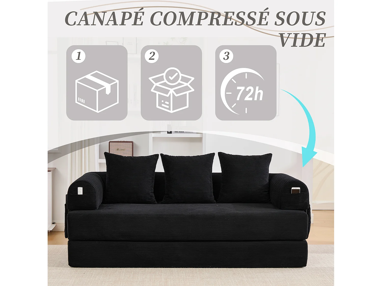 Kaleido 2.0 - Canapé Modulable en Velours Côtelé –  Cadre Métallique Externe - Poches de Rangement et 3 Coussins Inclus - Noir – Idéal pour Salon, Appartement