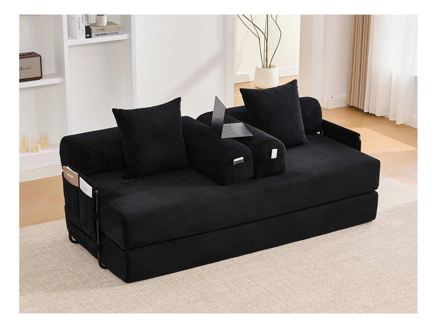 Kaleido 2.0 - Canapé Modulable en Velours Côtelé –  Cadre Métallique Externe - Poches de Rangement et 3 Coussins Inclus - Noir – Idéal pour Salon, Appartement