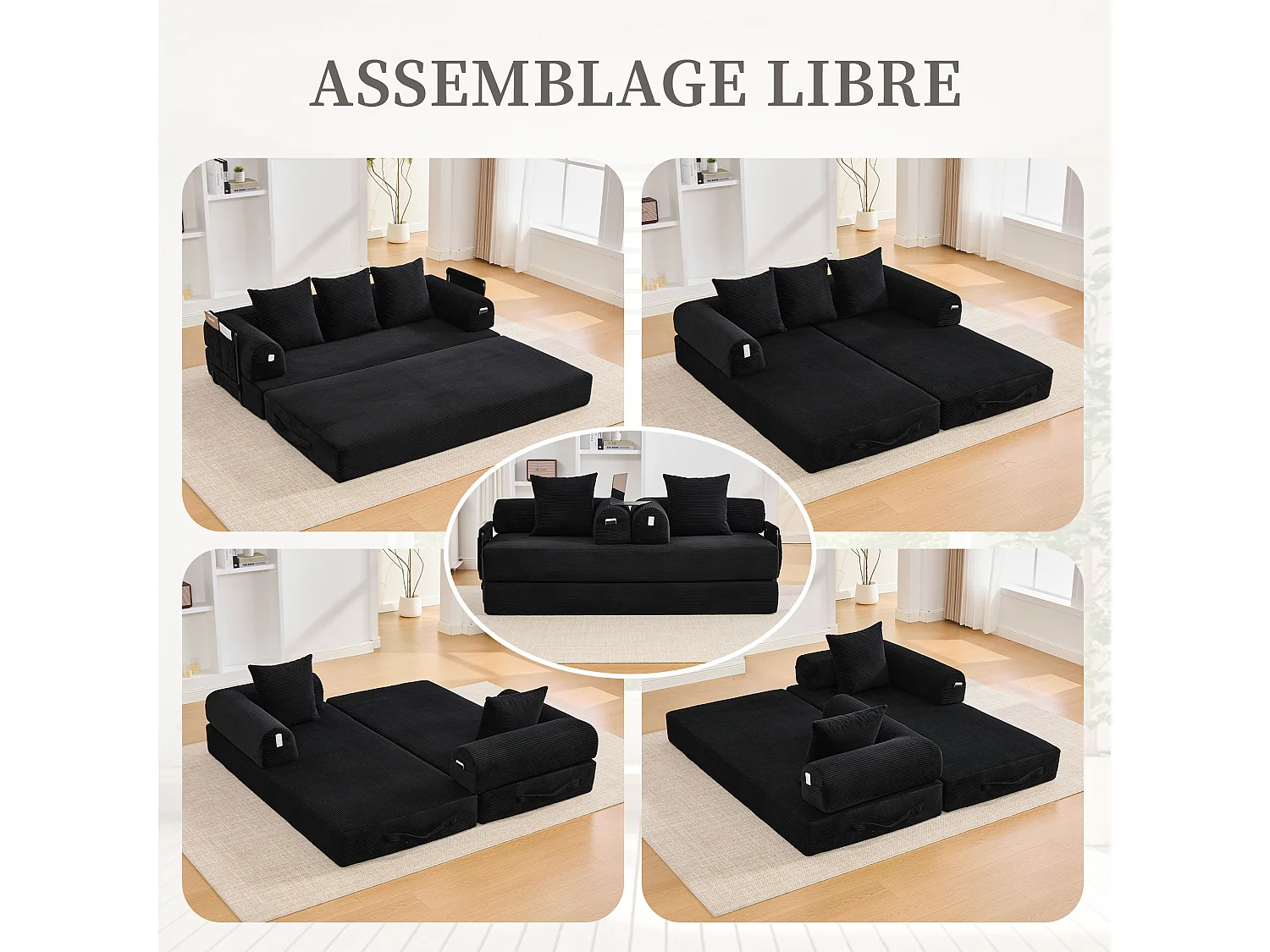 Kaleido 2.0 - Canapé Modulable en Velours Côtelé –  Cadre Métallique Externe - Poches de Rangement et 3 Coussins Inclus - Noir – Idéal pour Salon, Appartement