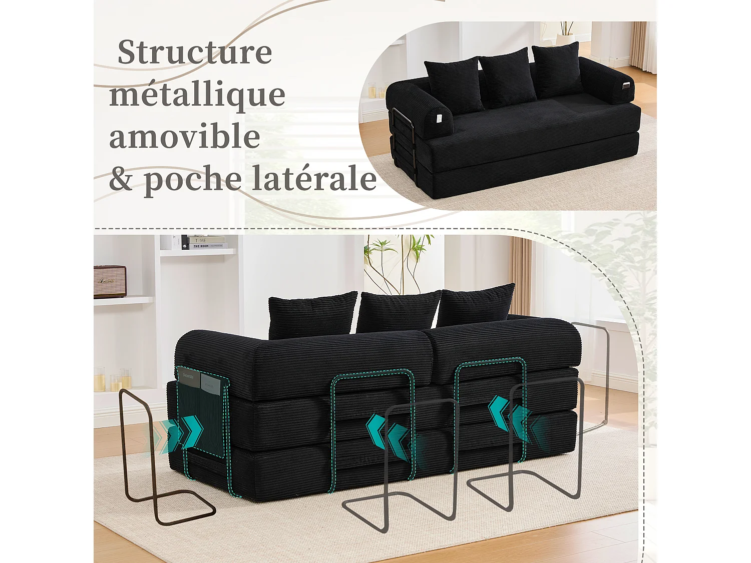 Kaleido 2.0 - Canapé Modulable en Velours Côtelé –  Cadre Métallique Externe - Poches de Rangement et 3 Coussins Inclus - Noir – Idéal pour Salon, Appartement