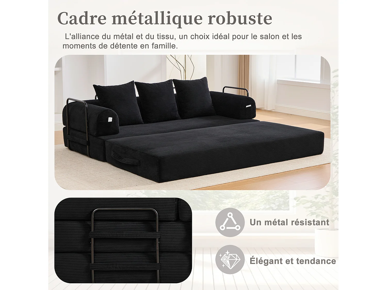 Kaleido 2.0 - Canapé Modulable en Velours Côtelé –  Cadre Métallique Externe - Poches de Rangement et 3 Coussins Inclus - Noir – Idéal pour Salon, Appartement