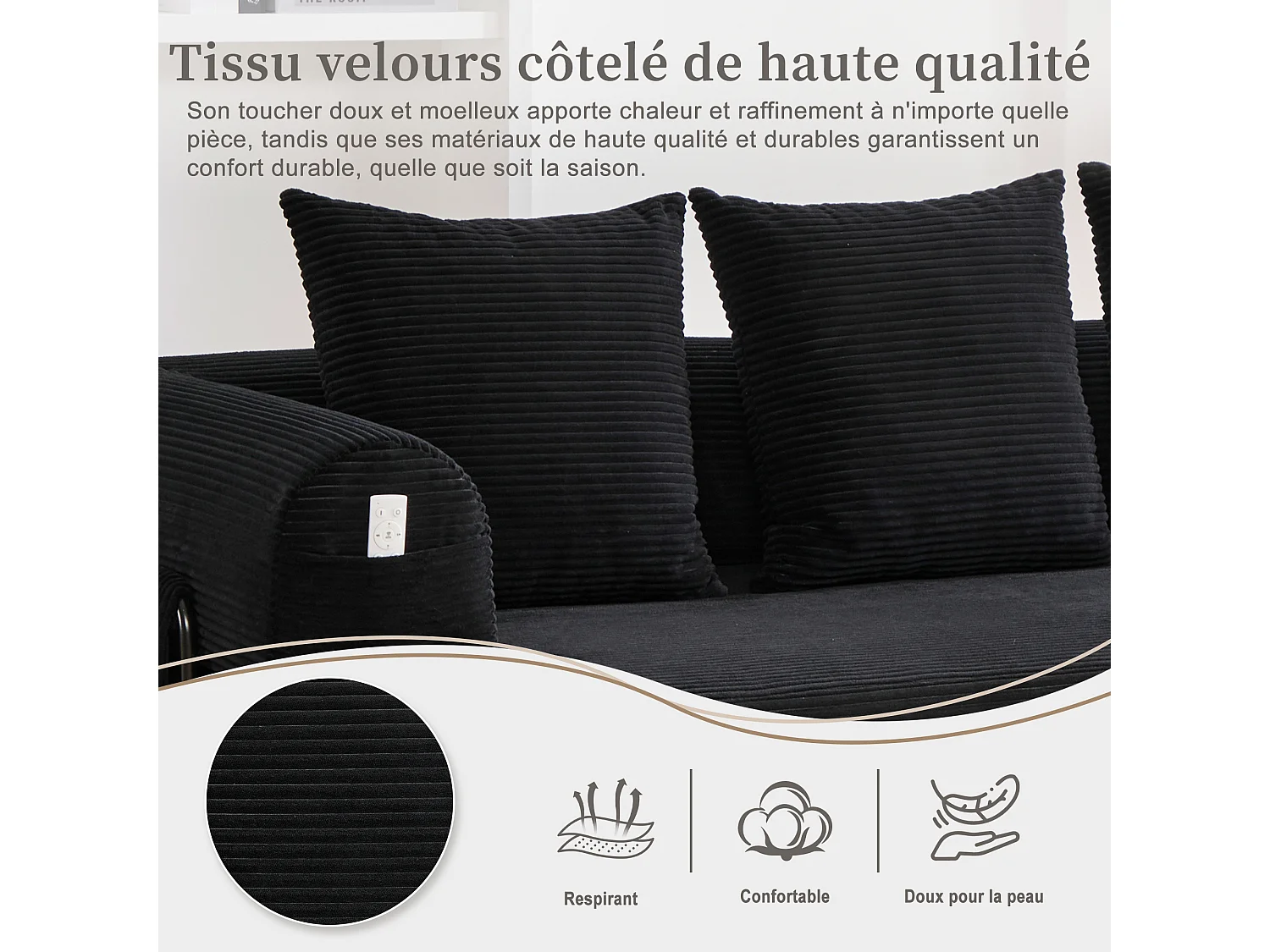 Kaleido 2.0 - Canapé Modulable en Velours Côtelé –  Cadre Métallique Externe - Poches de Rangement et 3 Coussins Inclus - Noir – Idéal pour Salon, Appartement