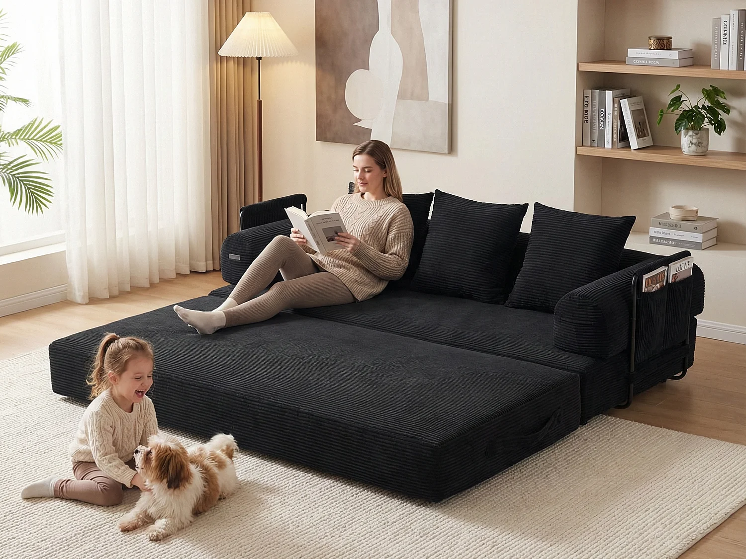 Kaleido 2.0 - Canapé Modulable en Velours Côtelé –  Cadre Métallique Externe - Poches de Rangement et 3 Coussins Inclus - Noir – Idéal pour Salon, Appartement