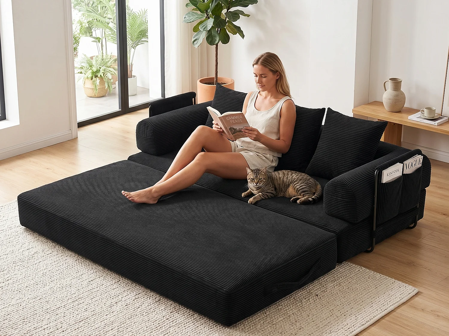 Kaleido 2.0 - Sofá Modular en Terciopelo Acanalado – Estructura Metálica Externa - Bolsillos de Almacenamiento y 3 Cojines Incluidos - Negro
