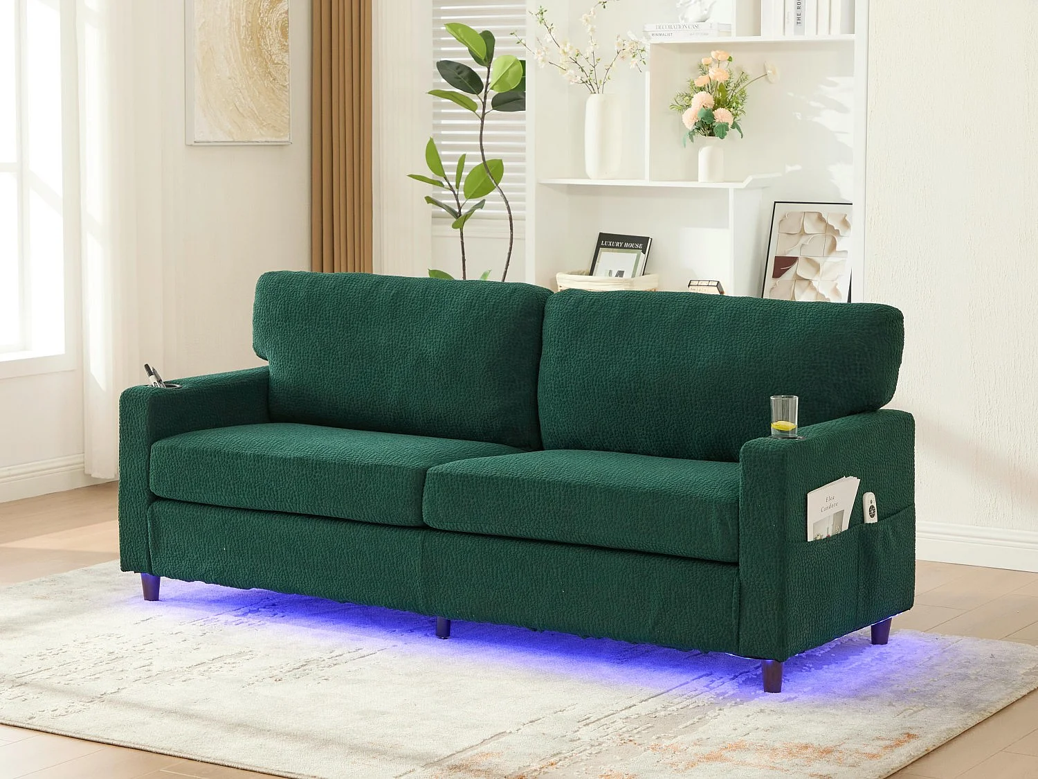 Canapé Confortable 2 Places - Canapé Fixe en Velours Chenille - Ports USB/Type-C Intégrés - LED RGB Télécommandable - Vert - Pour Salon, Séjour, Bureau