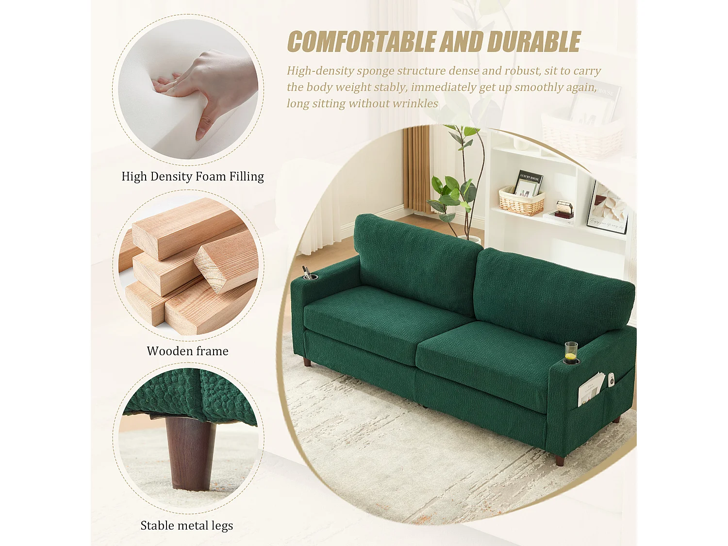 Canapé Confortable 2 Places - Canapé Fixe en Velours Chenille - Ports USB/Type-C Intégrés - LED RGB Télécommandable - Vert - Pour Salon, Séjour, Bureau