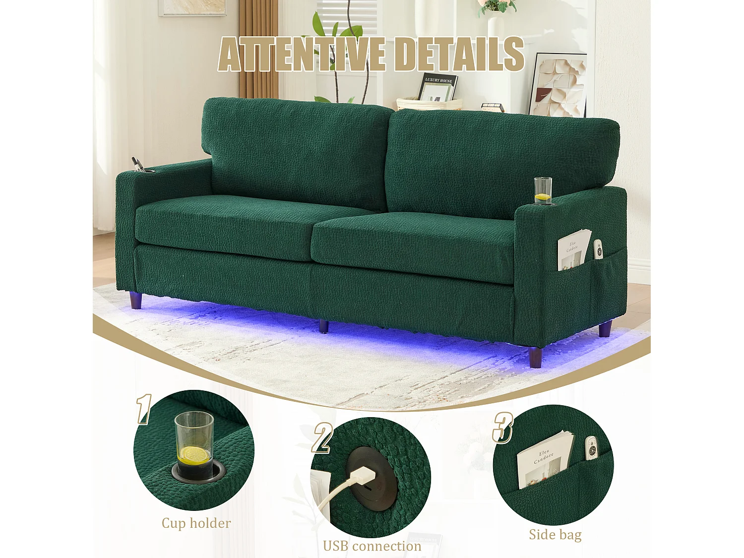 Canapé Confortable 2 Places - Canapé Fixe en Velours Chenille - Ports USB/Type-C Intégrés - LED RGB Télécommandable - Vert - Pour Salon, Séjour, Bureau