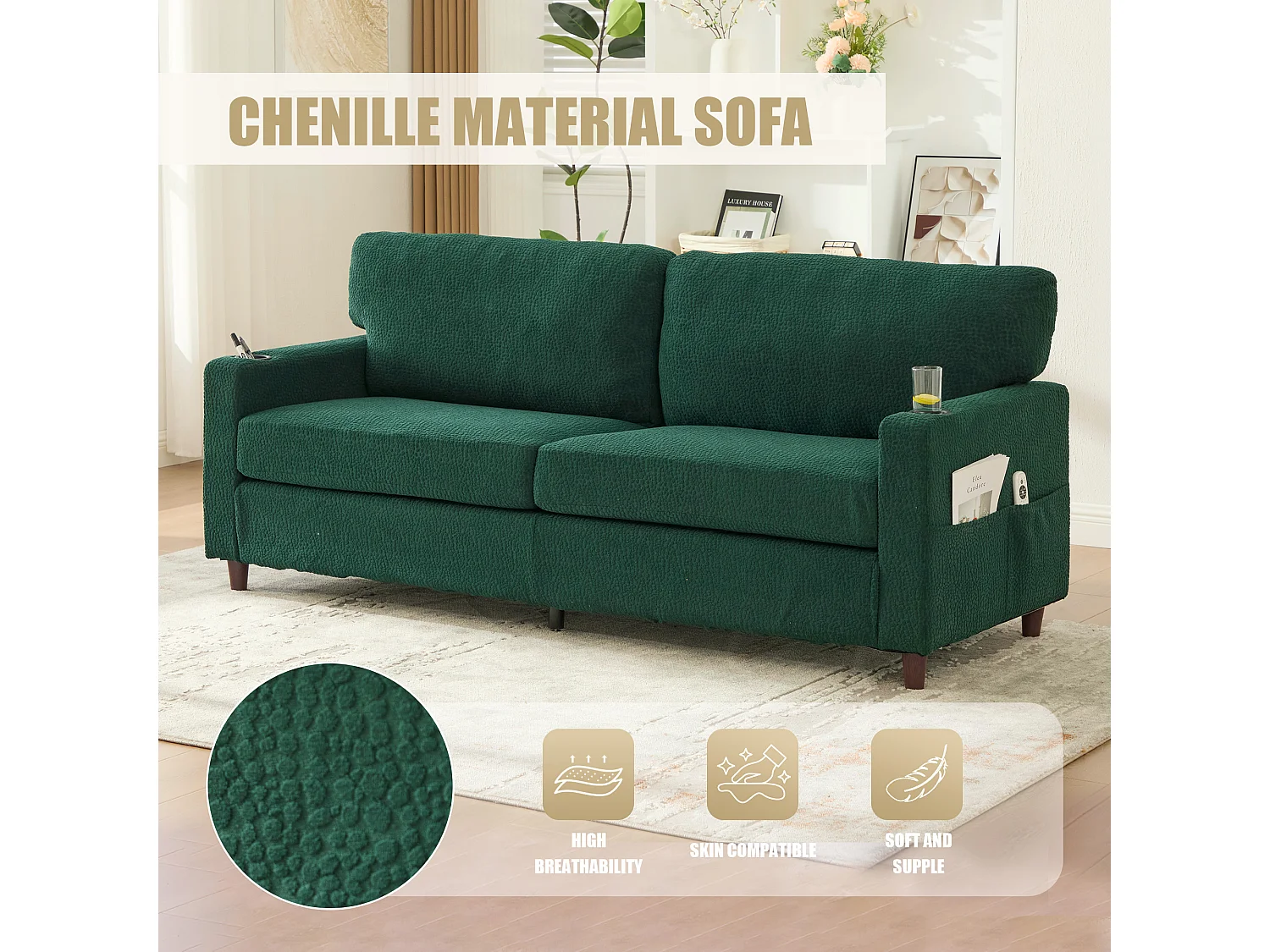 Canapé Confortable 2 Places - Canapé Fixe en Velours Chenille - Ports USB/Type-C Intégrés - LED RGB Télécommandable - Vert - Pour Salon, Séjour, Bureau