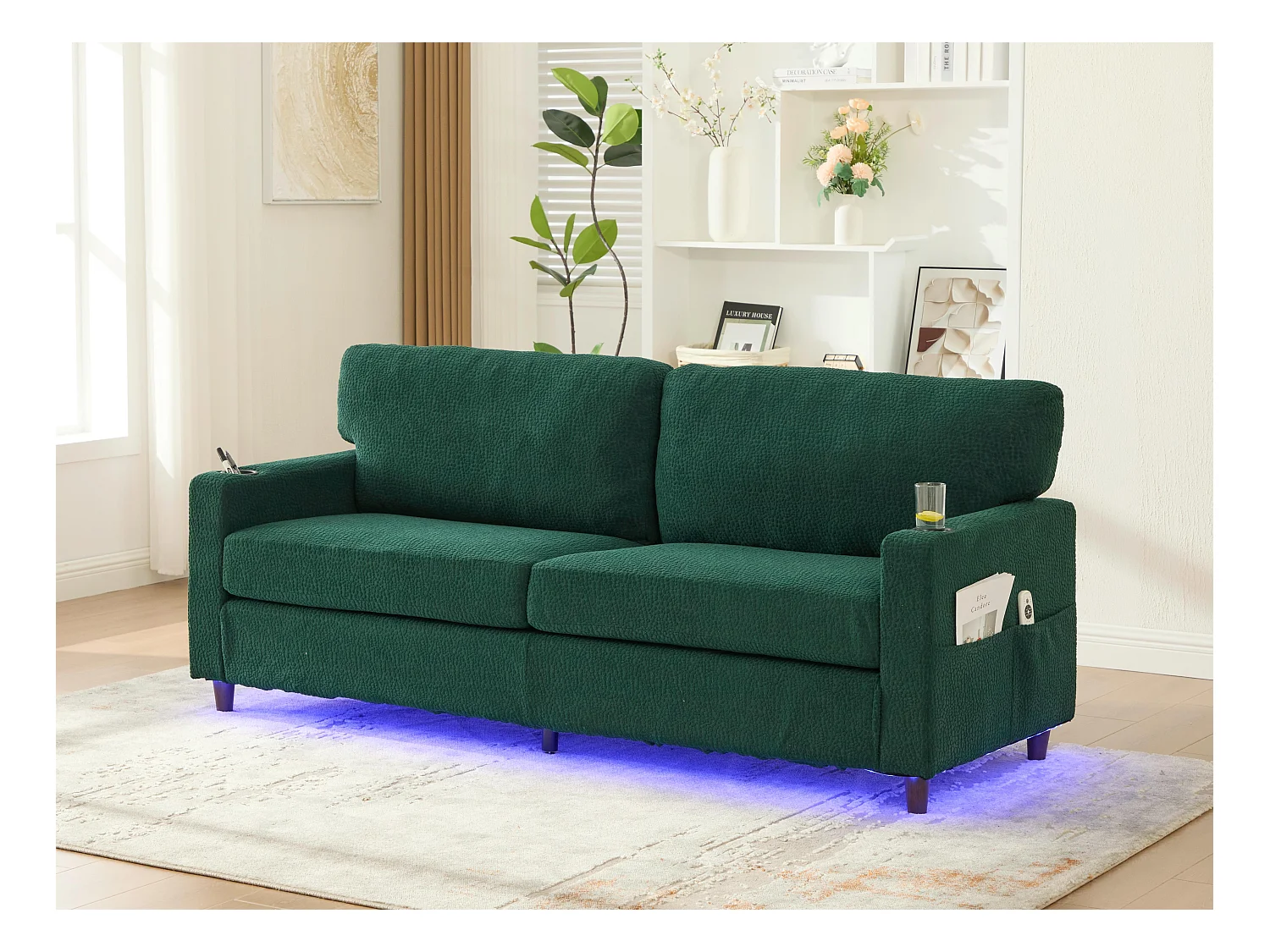 Canapé Confortable 2 Places - Canapé Fixe en Velours Chenille - Ports USB/Type-C Intégrés - LED RGB Télécommandable - Vert - Pour Salon, Séjour, Bureau