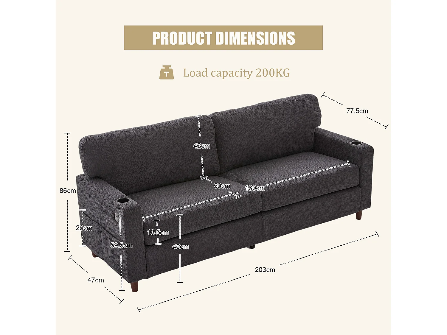 Canapé Confortable 2 Places - Canapé Fixe en Velours Chenille - Ports USB/Type-C Intégrés - LED RGB Télécommandable - Gris Anthracite- Pour Salon, Séjour, Bureau