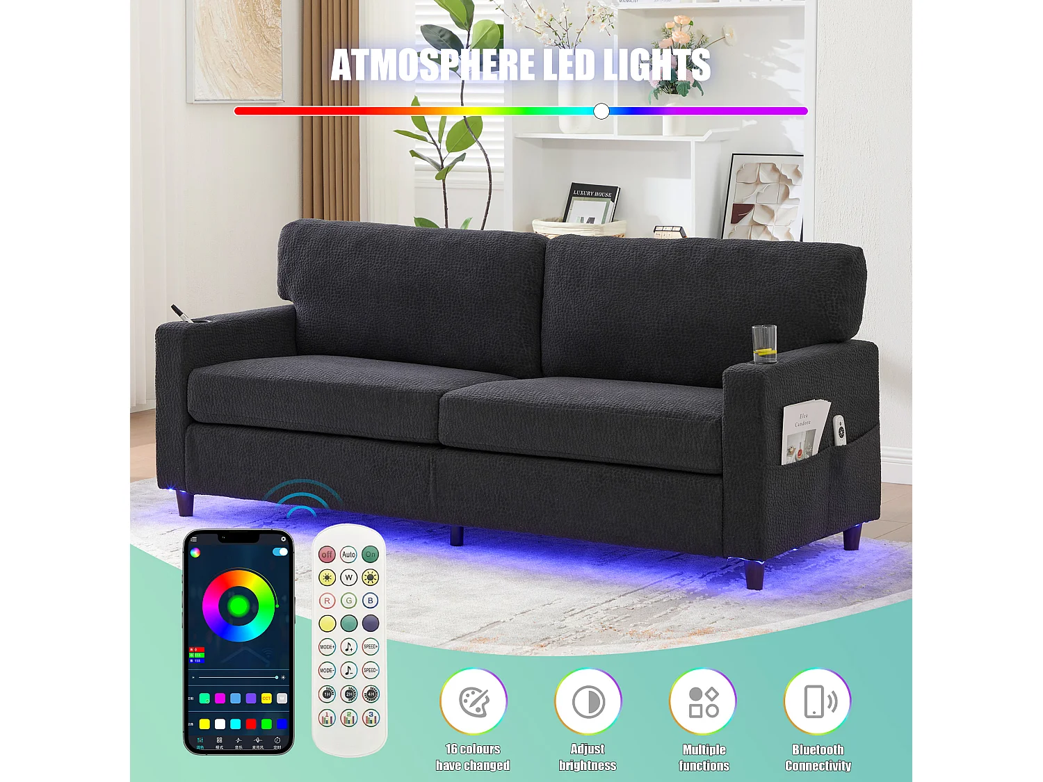 Canapé Confortable 2 Places - Canapé Fixe en Velours Chenille - Ports USB/Type-C Intégrés - LED RGB Télécommandable - Gris Anthracite- Pour Salon, Séjour, Bureau