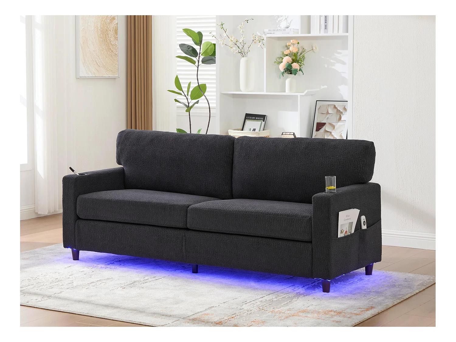 Canapé Confortable 2 Places - Canapé Fixe en Velours Chenille - Ports USB/Type-C Intégrés - LED RGB Télécommandable - Gris Anthracite- Pour Salon, Séjour, Bureau