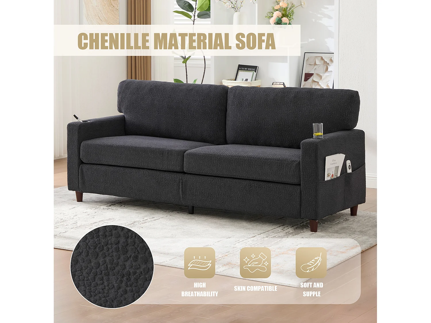 Comfortabele 2-zitsbank - Chenille Fluwelen Bank met USB/Type-C Poorten en RGB LED - Afstandsbediening - Antracietgrijs - Voor Woonkamer, Lounge, Kantoor