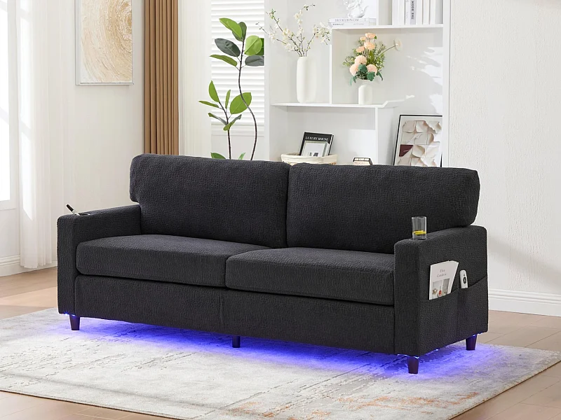 Comfortabele 2-zitsbank - Chenille Fluwelen Bank met USB/Type-C Poorten en RGB LED - Afstandsbediening - Antracietgrijs - Voor Woonkamer, Lounge, Kantoor