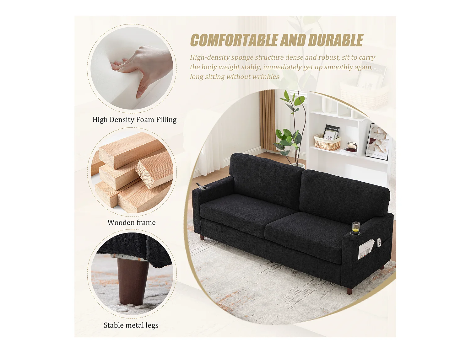 Comfortabele 2-zitsbank - Chenille Fluwelen Bank met USB/Type-C Poorten en RGB LED - Afstandsbediening - Voor Woonkamer, Lounge, Kantoor