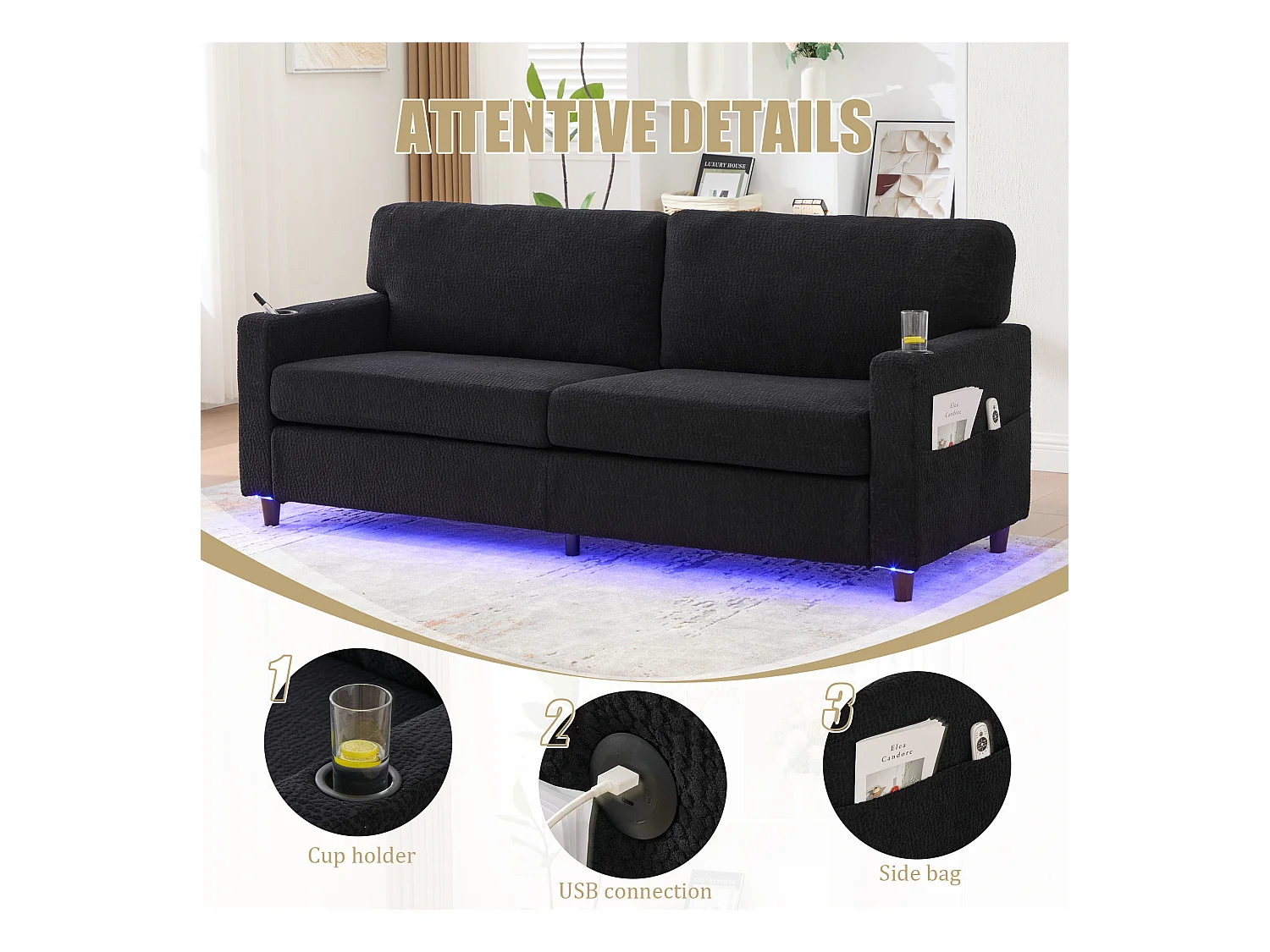 Comfortabele 2-zitsbank - Chenille Fluwelen Bank met USB/Type-C Poorten en RGB LED - Afstandsbediening - Voor Woonkamer, Lounge, Kantoor