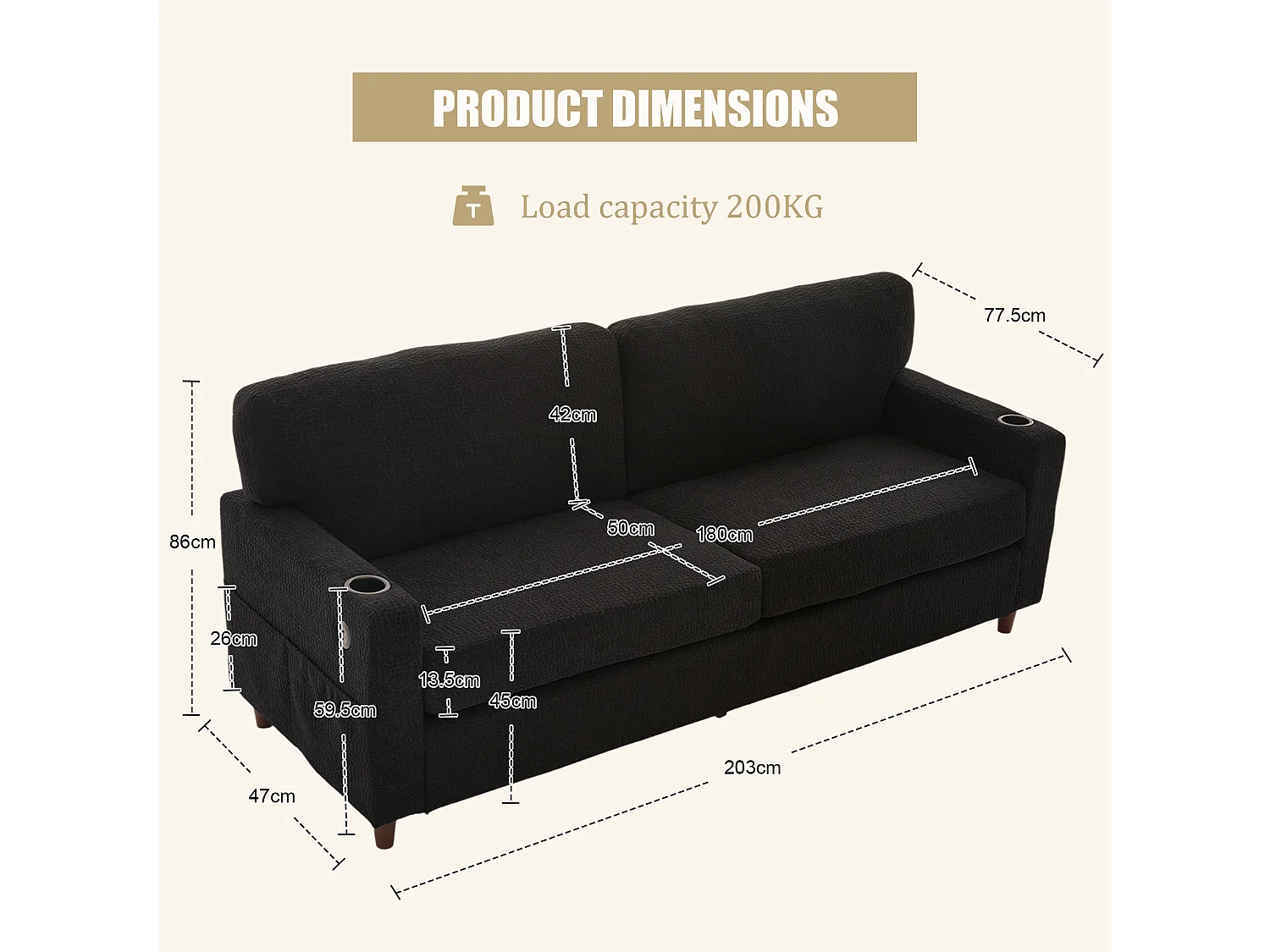 Canapé Confortable 2 Places - Canapé Fixe en Velours Chenille - Ports USB/Type-C Intégrés - LED RGB Télécommandable - Noir - Pour Salon, Séjour, Bureau