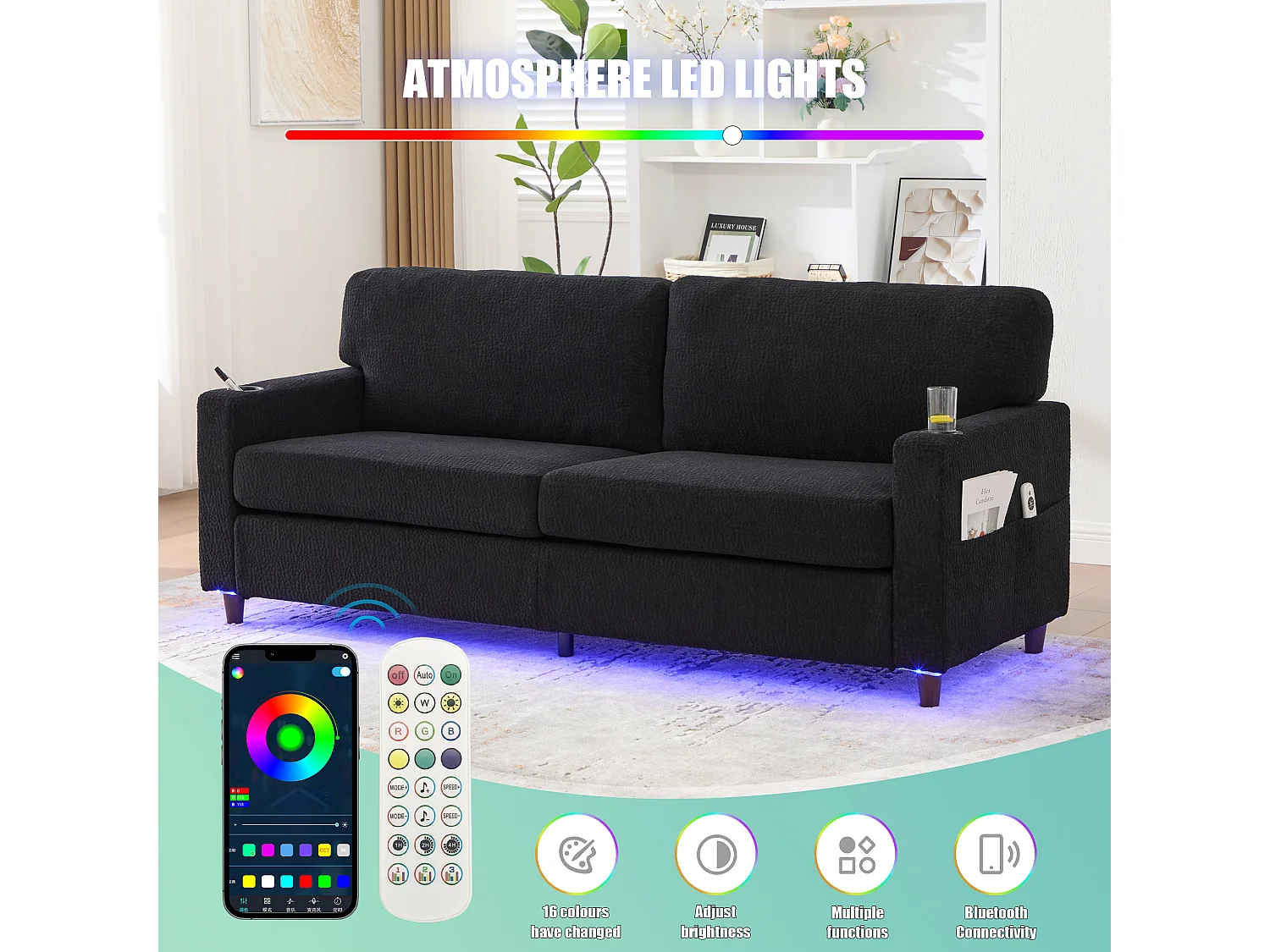 Canapé Confortable 2 Places - Canapé Fixe en Velours Chenille - Ports USB/Type-C Intégrés - LED RGB Télécommandable - Noir - Pour Salon, Séjour, Bureau