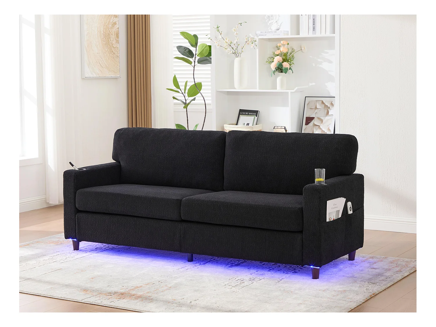 Canapé Confortable 2 Places - Canapé Fixe en Velours Chenille - Ports USB/Type-C Intégrés - LED RGB Télécommandable - Noir - Pour Salon, Séjour, Bureau