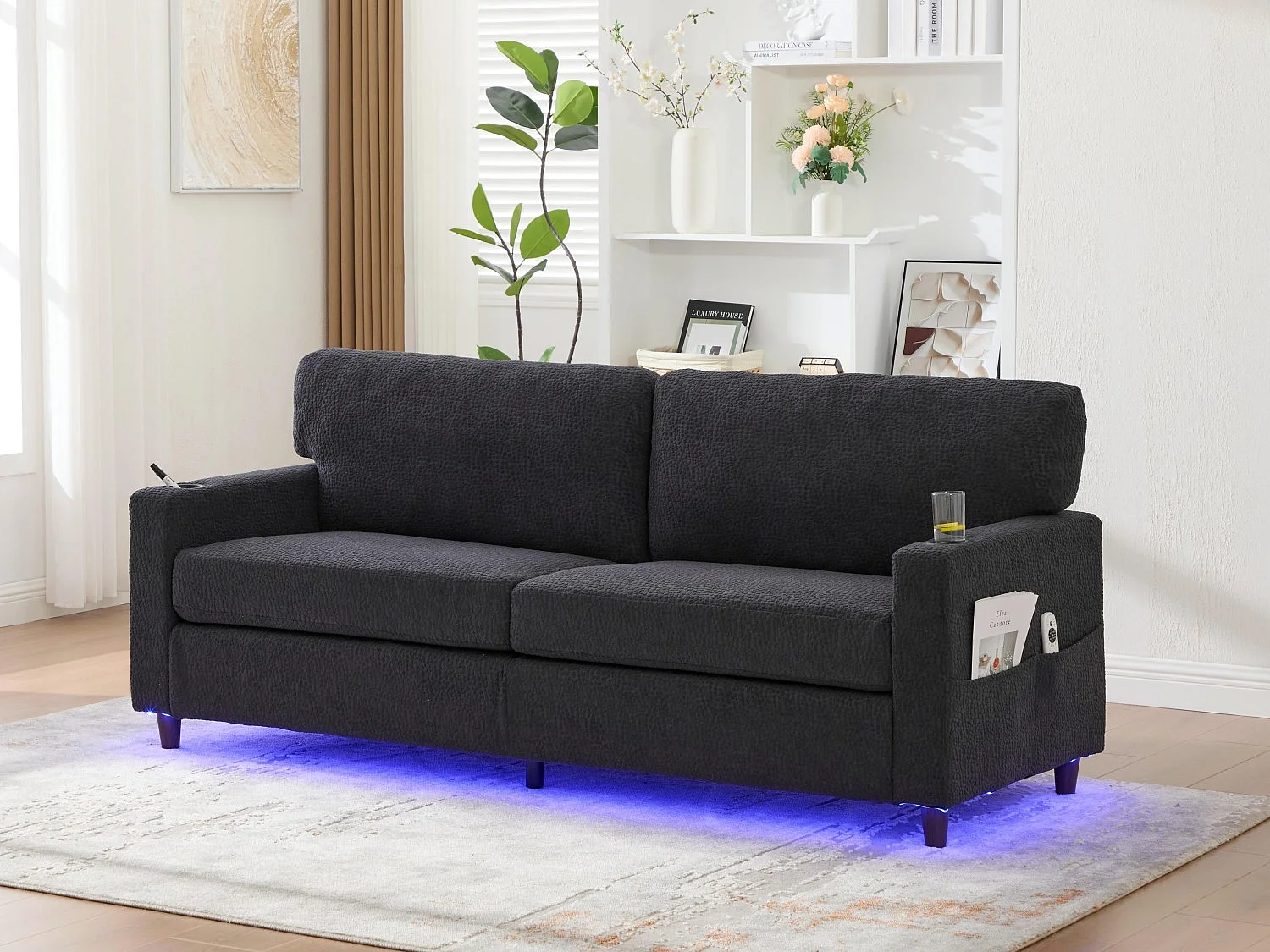 Canapé Confortable 2 Places - Canapé Fixe en Velours Chenille - Ports USB/Type-C Intégrés - LED RGB Télécommandable - Noir - Pour Salon, Séjour, Bureau