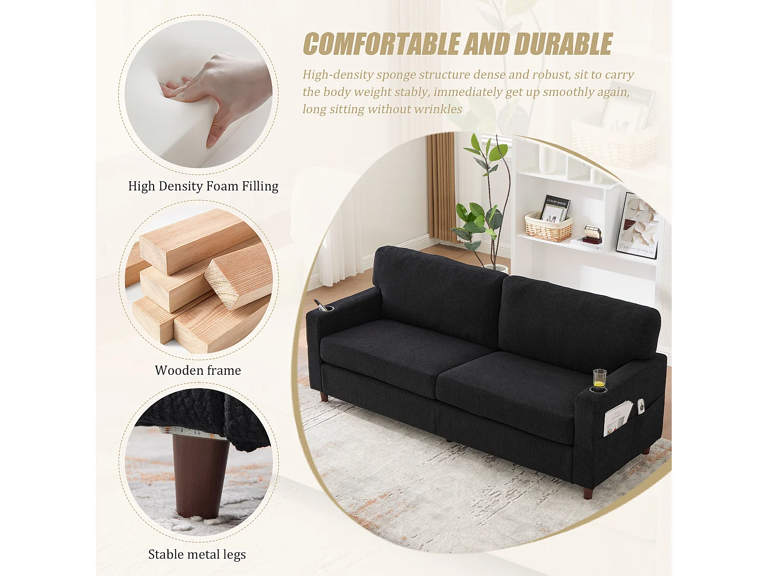 Canapé Confortable 2 Places - Canapé Fixe en Velours Chenille - Ports USB/Type-C Intégrés - LED RGB Télécommandable - Noir - Pour Salon, Séjour, Bureau