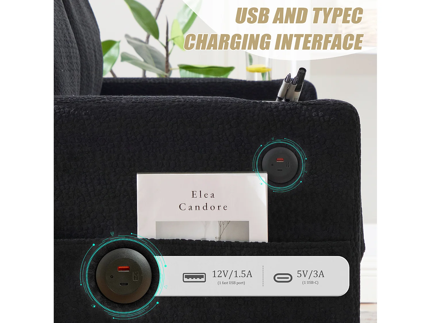 Canapé Confortable 2 Places - Canapé Fixe en Velours Chenille - Ports USB/Type-C Intégrés - LED RGB Télécommandable - Noir - Pour Salon, Séjour, Bureau