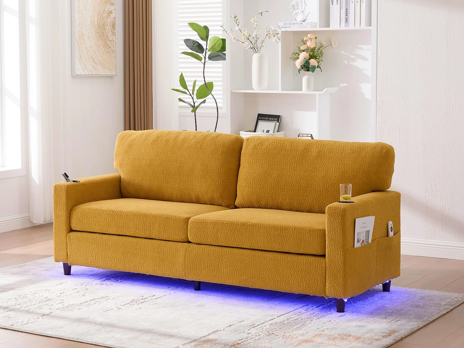 Canapé Confortable 2 Places - Canapé Fixe en Velours Chenille - Ports USB/Type-C Intégrés - LED RGB Télécommandable - Juane - Pour Salon, Séjour, Bureau