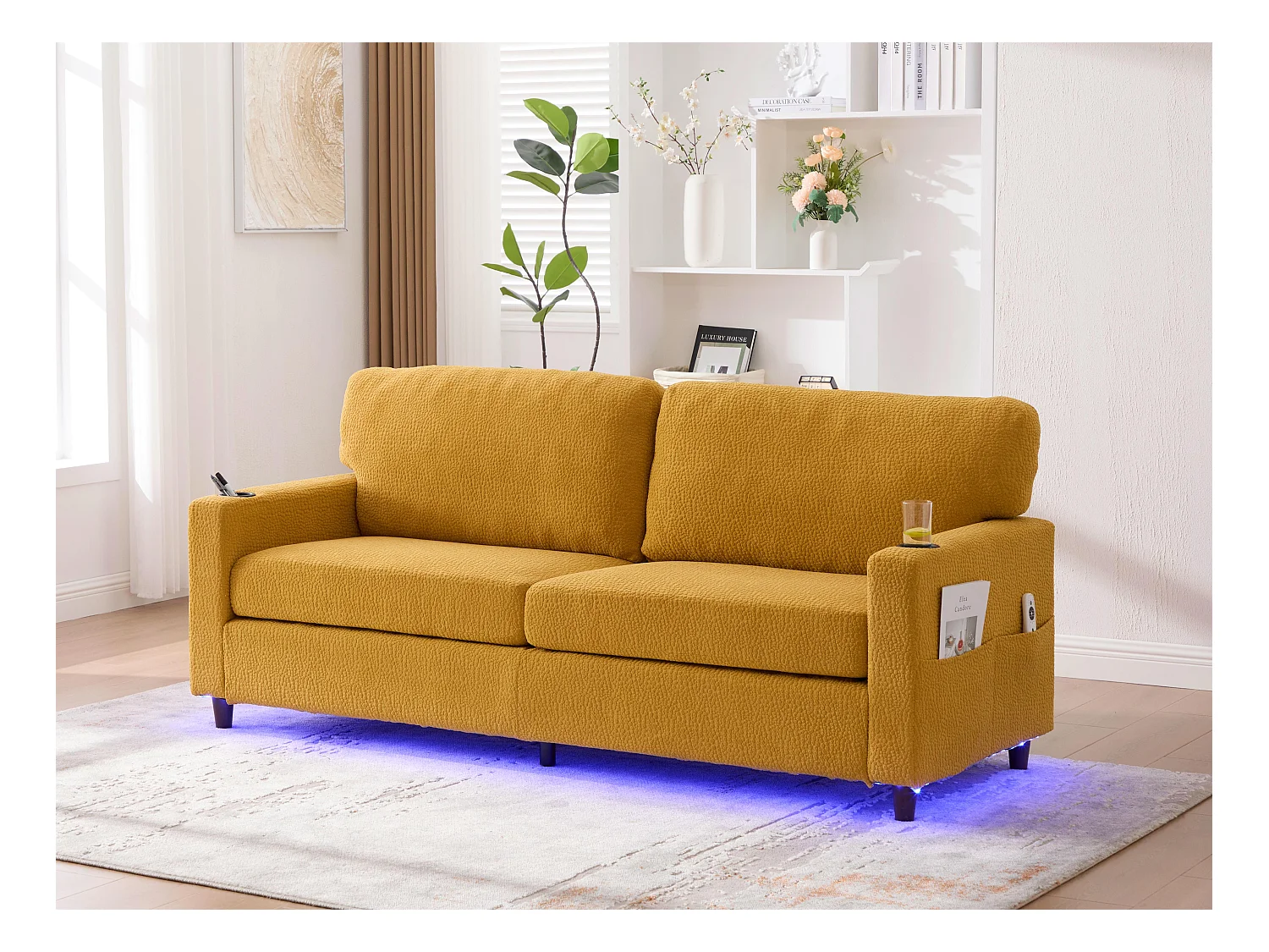 Comfortabele 2-zitsbank - Chenille Fluwelen Bank met USB/Type-C Poorten en RGB LED - Afstandsbediening - Voor Woonkamer, Lounge, Kantoor