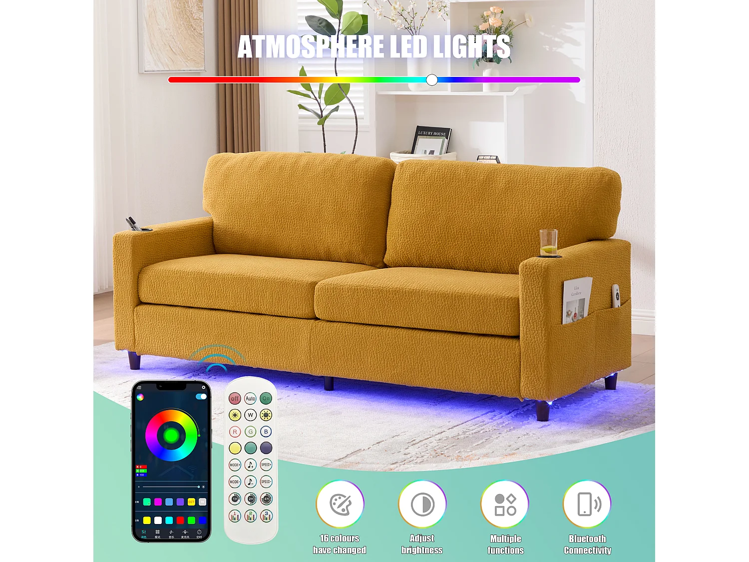 Canapé Confortable 2 Places - Canapé Fixe en Velours Chenille - Ports USB/Type-C Intégrés - LED RGB Télécommandable - Juane - Pour Salon, Séjour, Bureau