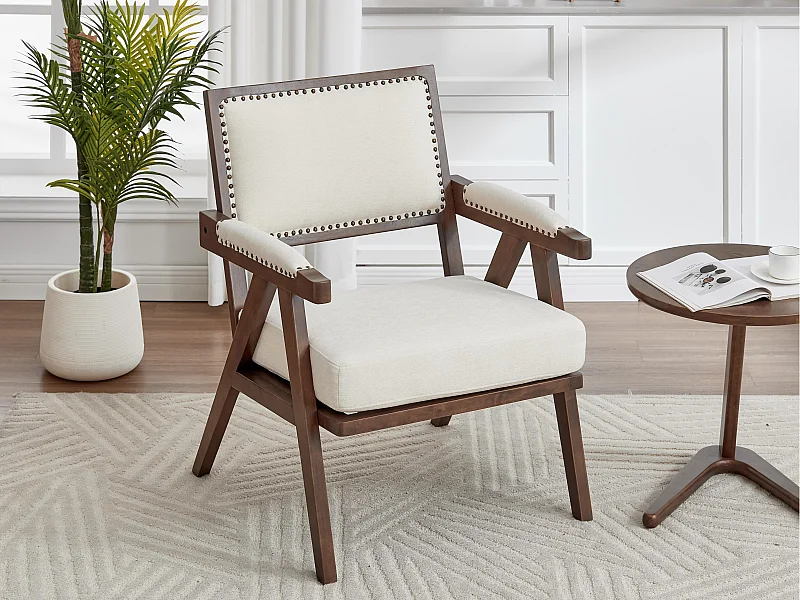 Sienna - Fauteuil met bekleding van katoen, linnen en massief hout - Vintage fauteuil met ergonomische rugleuning - Comfortabel voor woonkamer/slaapkamer/kantoor