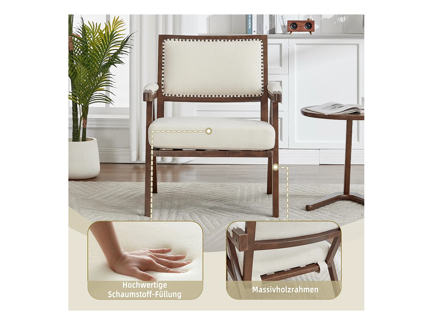 Sienna - Fauteuil Droit en Coton-Lin et Bois Massif - Fauteuil Vintage avec Dossier Ergonomique - Beige - Confortable pour Salon/Chambre/Bureau