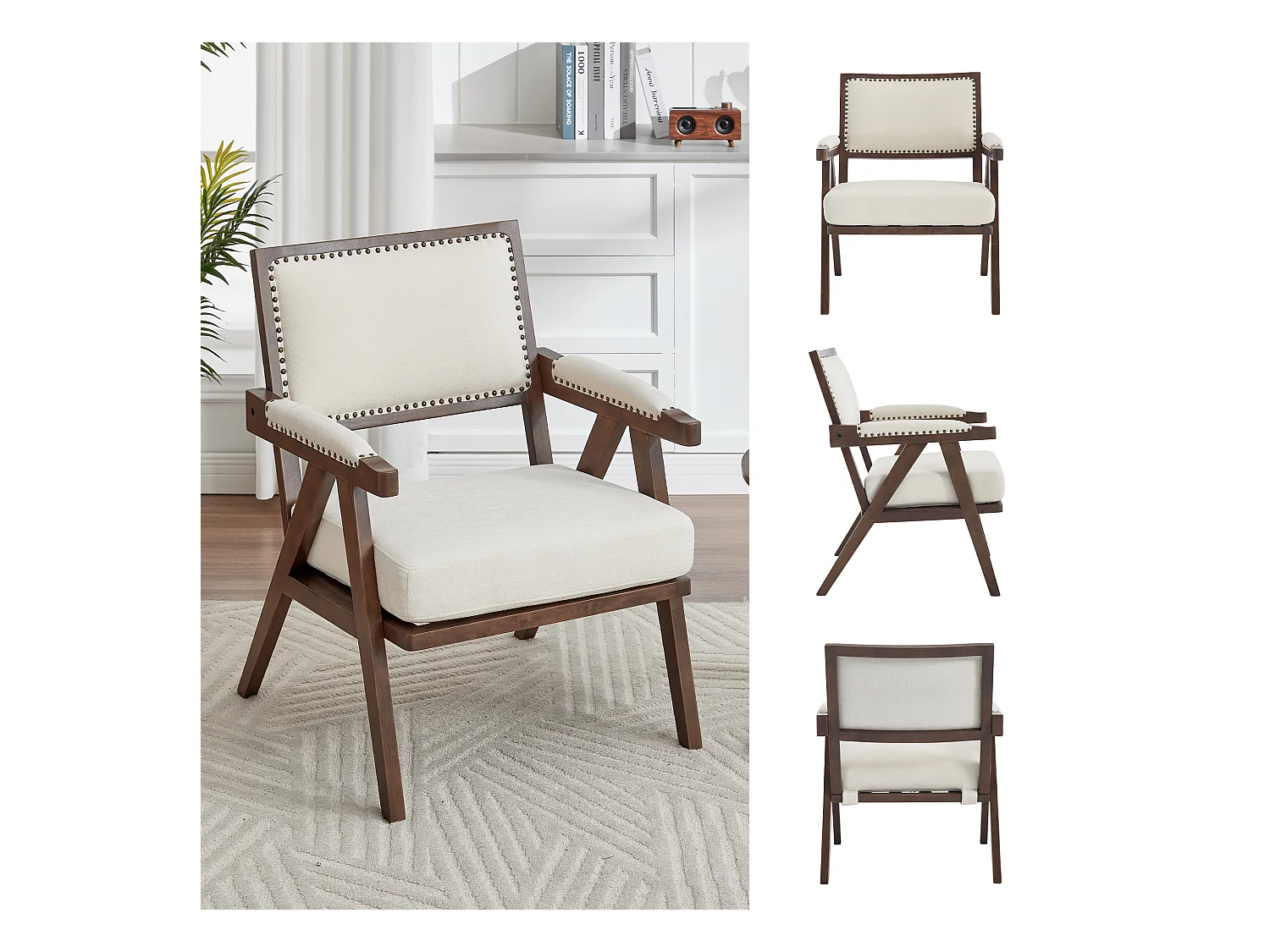 Sienna - Fauteuil Droit en Coton-Lin et Bois Massif - Fauteuil Vintage avec Dossier Ergonomique - Beige - Confortable pour Salon/Chambre/Bureau