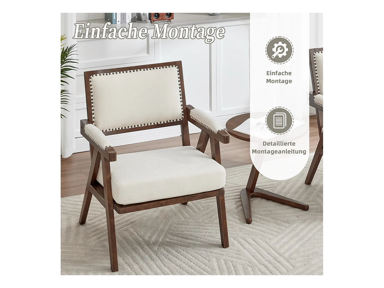 Sienna - Fauteuil Droit en Coton-Lin et Bois Massif - Fauteuil Vintage avec Dossier Ergonomique - Beige - Confortable pour Salon/Chambre/Bureau