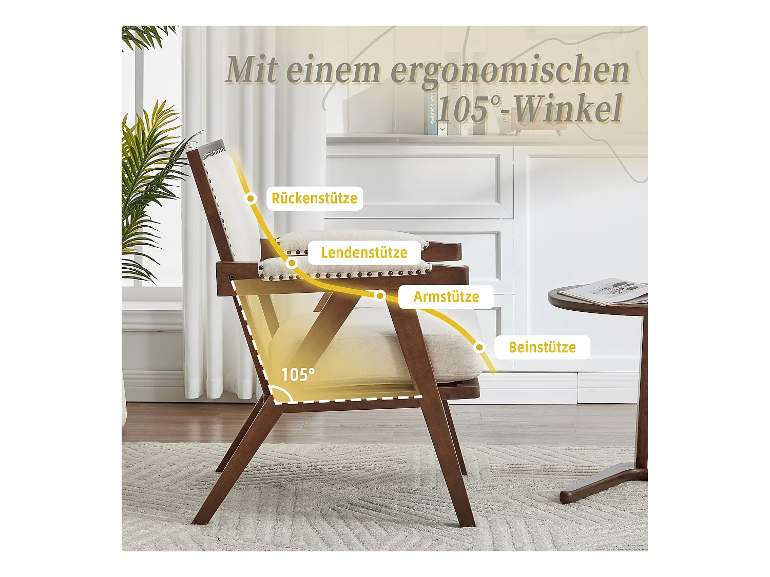 Sienna - Fauteuil Droit en Coton-Lin et Bois Massif - Fauteuil Vintage avec Dossier Ergonomique - Beige - Confortable pour Salon/Chambre/Bureau