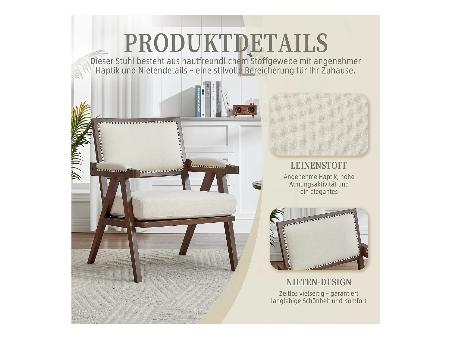 Sienna - Fauteuil Droit en Coton-Lin et Bois Massif - Fauteuil Vintage avec Dossier Ergonomique - Beige - Confortable pour Salon/Chambre/Bureau