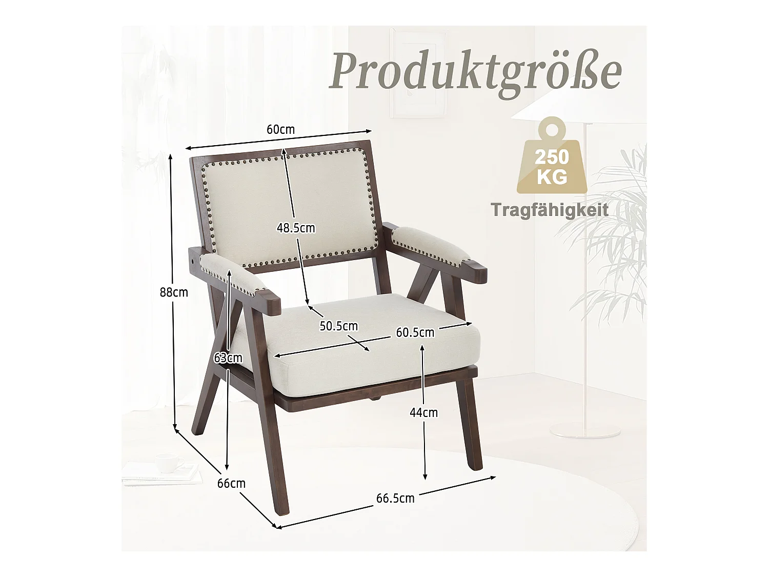 Sienna - Fauteuil Droit en Coton-Lin et Bois Massif - Fauteuil Vintage avec Dossier Ergonomique - Beige - Confortable pour Salon/Chambre/Bureau