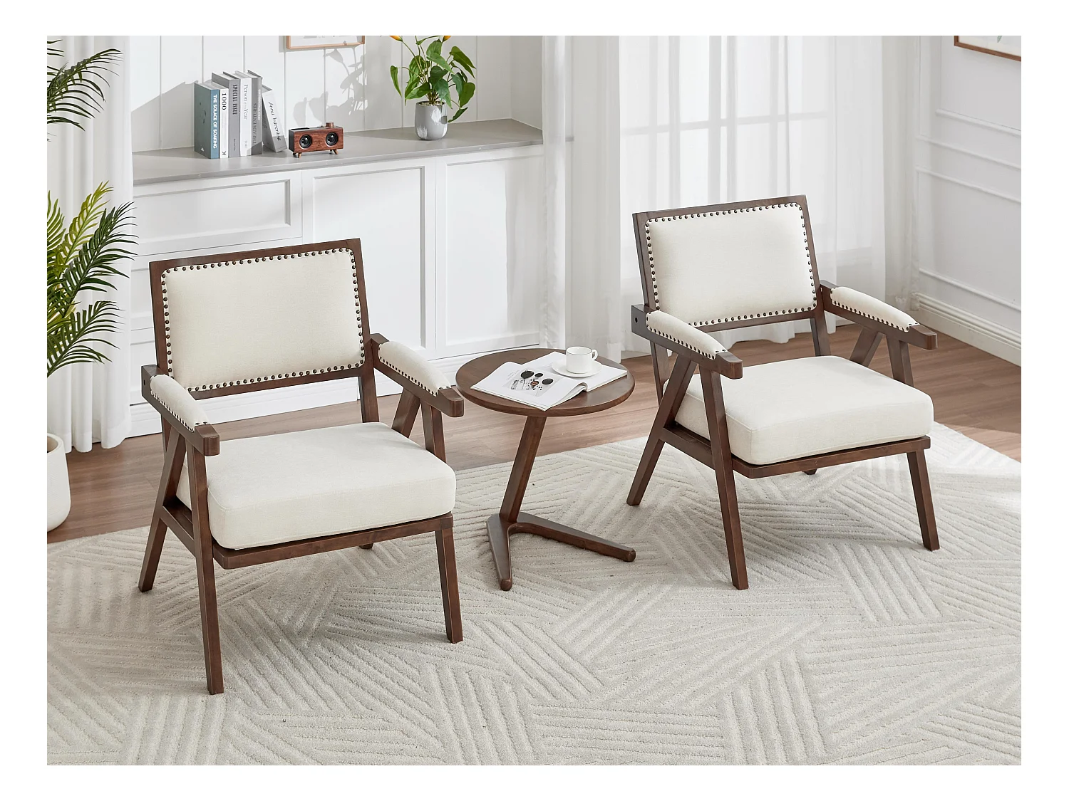 Sienna - Fauteuil Droit en Coton-Lin et Bois Massif - Fauteuil Vintage avec Dossier Ergonomique - Beige - Confortable pour Salon/Chambre/Bureau