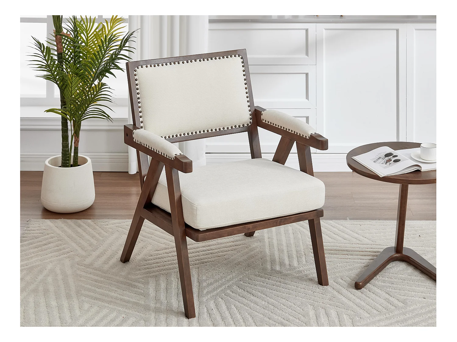 Sienna - Fauteuil met bekleding van katoen, linnen en massief hout - Vintage fauteuil met ergonomische rugleuning - Comfortabel voor woonkamer/slaapkamer/kantoor