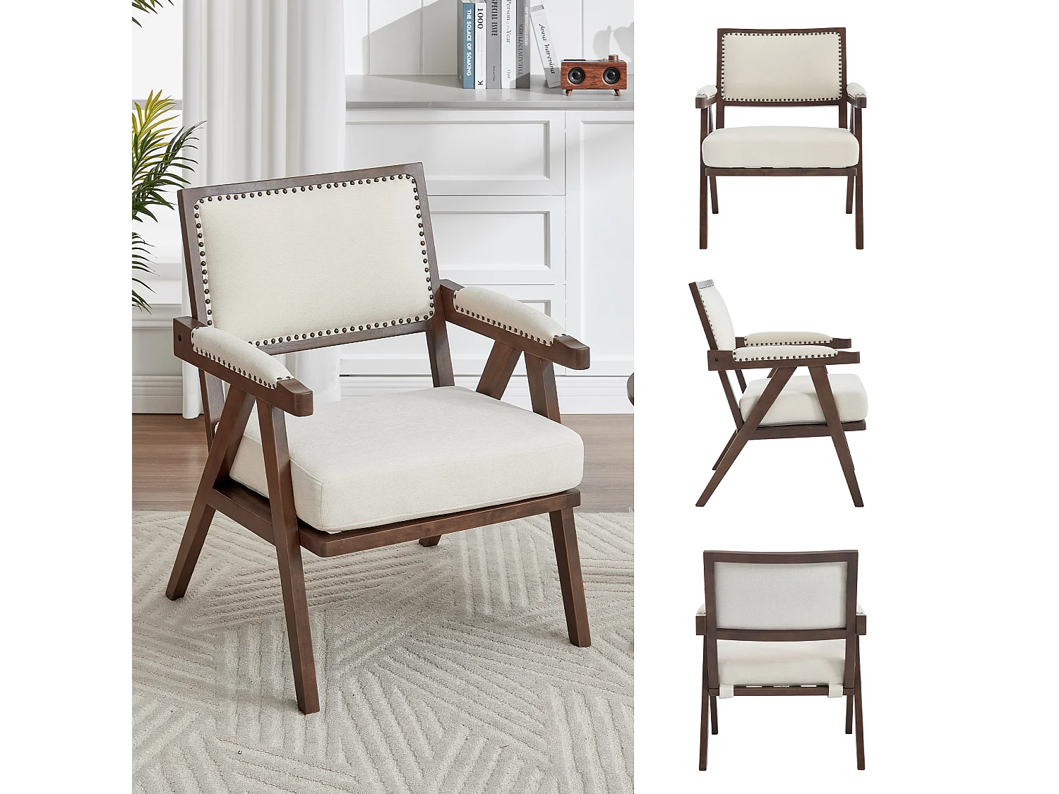 Sienna - Fauteuil Droit en Coton-Lin et Bois Massif - Fauteuil Vintage avec Dossier Ergonomique - Beige - Confortable pour Salon/Chambre/Bureau