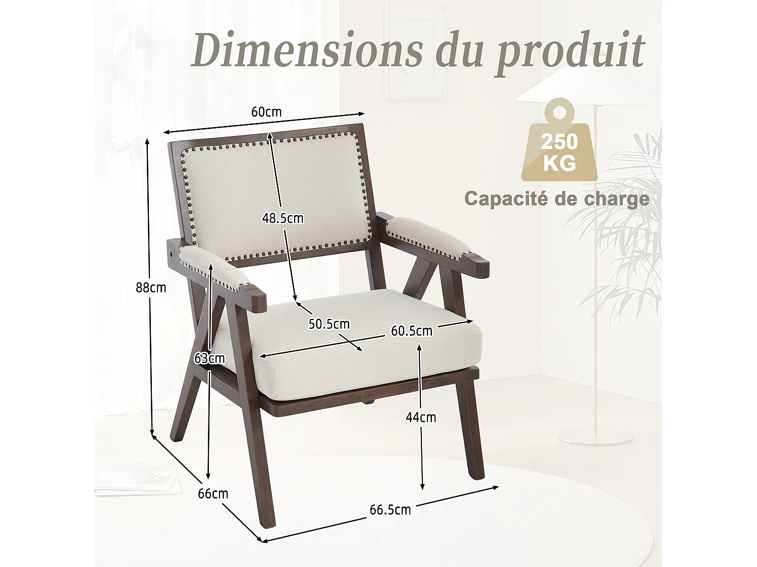 Sienna - Fauteuil Droit en Coton-Lin et Bois Massif - Fauteuil Vintage avec Dossier Ergonomique - Beige - Confortable pour Salon/Chambre/Bureau