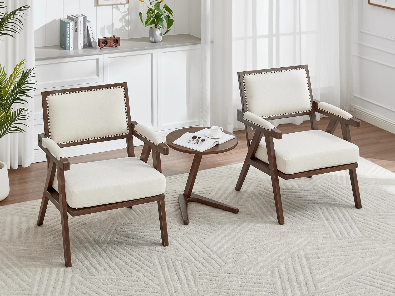 Sienna - Fauteuil Droit en Coton-Lin et Bois Massif - Fauteuil Vintage avec Dossier Ergonomique - Beige - Confortable pour Salon/Chambre/Bureau