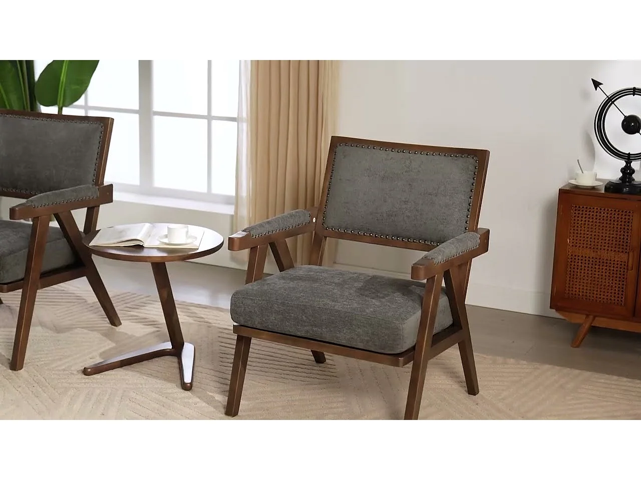 Sienna - Fauteuil Droit en Coton-Lin et Bois Massif - Fauteuil Vintage avec Dossier Ergonomique - Beige - Confortable pour Salon/Chambre/Bureau