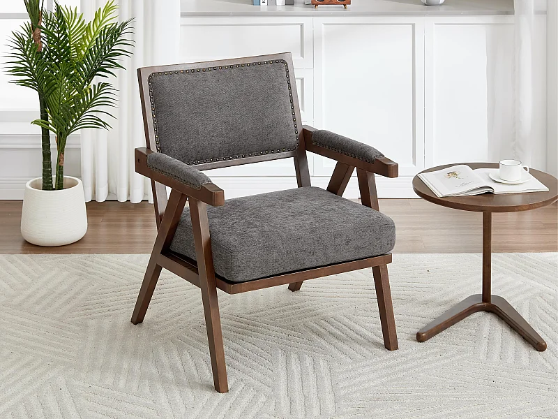 Sienna - Fauteuil met bekleding van katoen, linnen en massief hout - Vintage fauteuil met ergonomische rugleuning - Comfortabel voor woonkamer/slaapkamer/kantoor