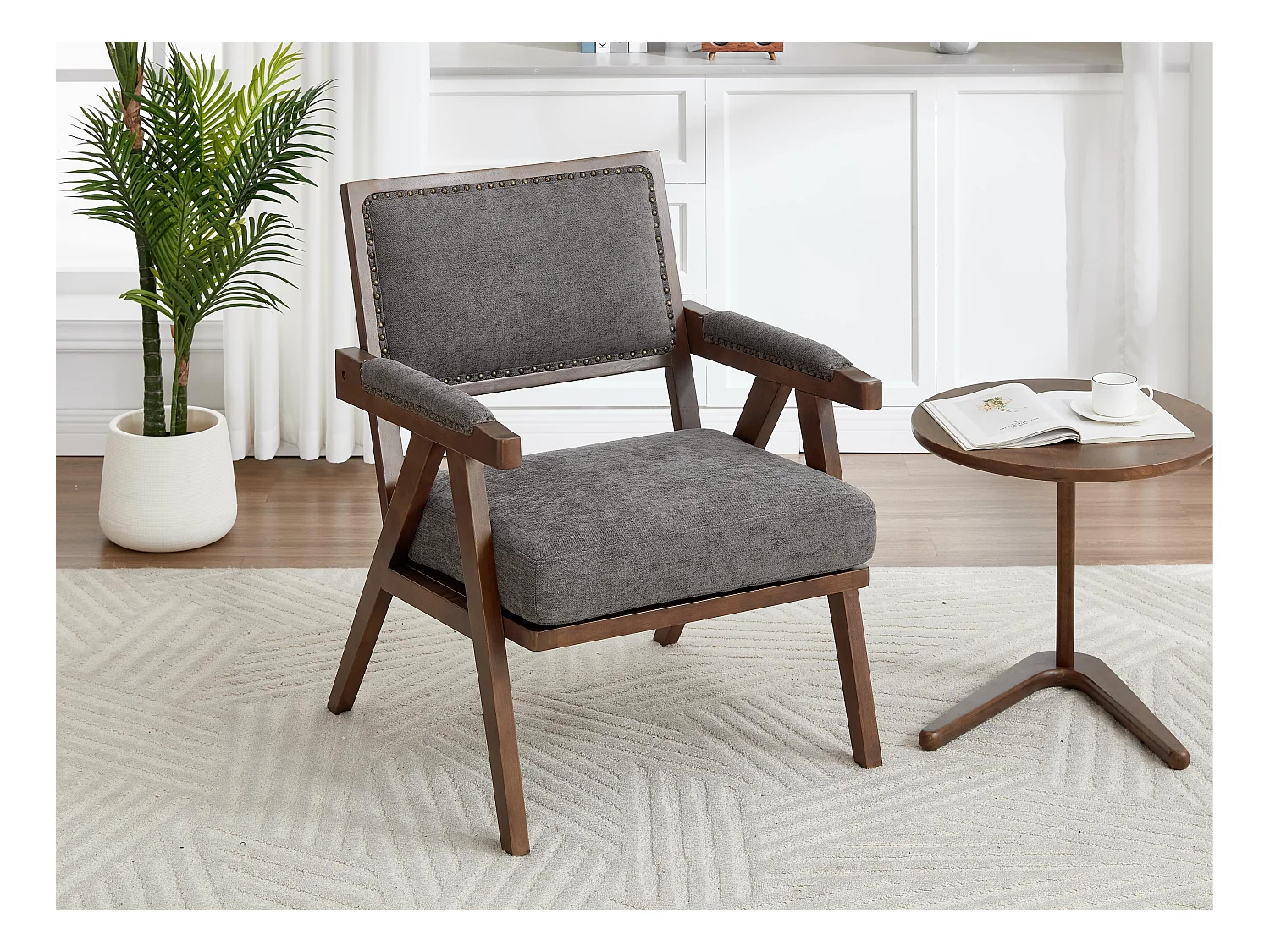 Sienna - Fauteuil Droit en Coton-Lin et Bois Massif - Fauteuil Vintage avec Dossier Ergonomique - Gris - Confortable pour Salon/Chambre/Bureau