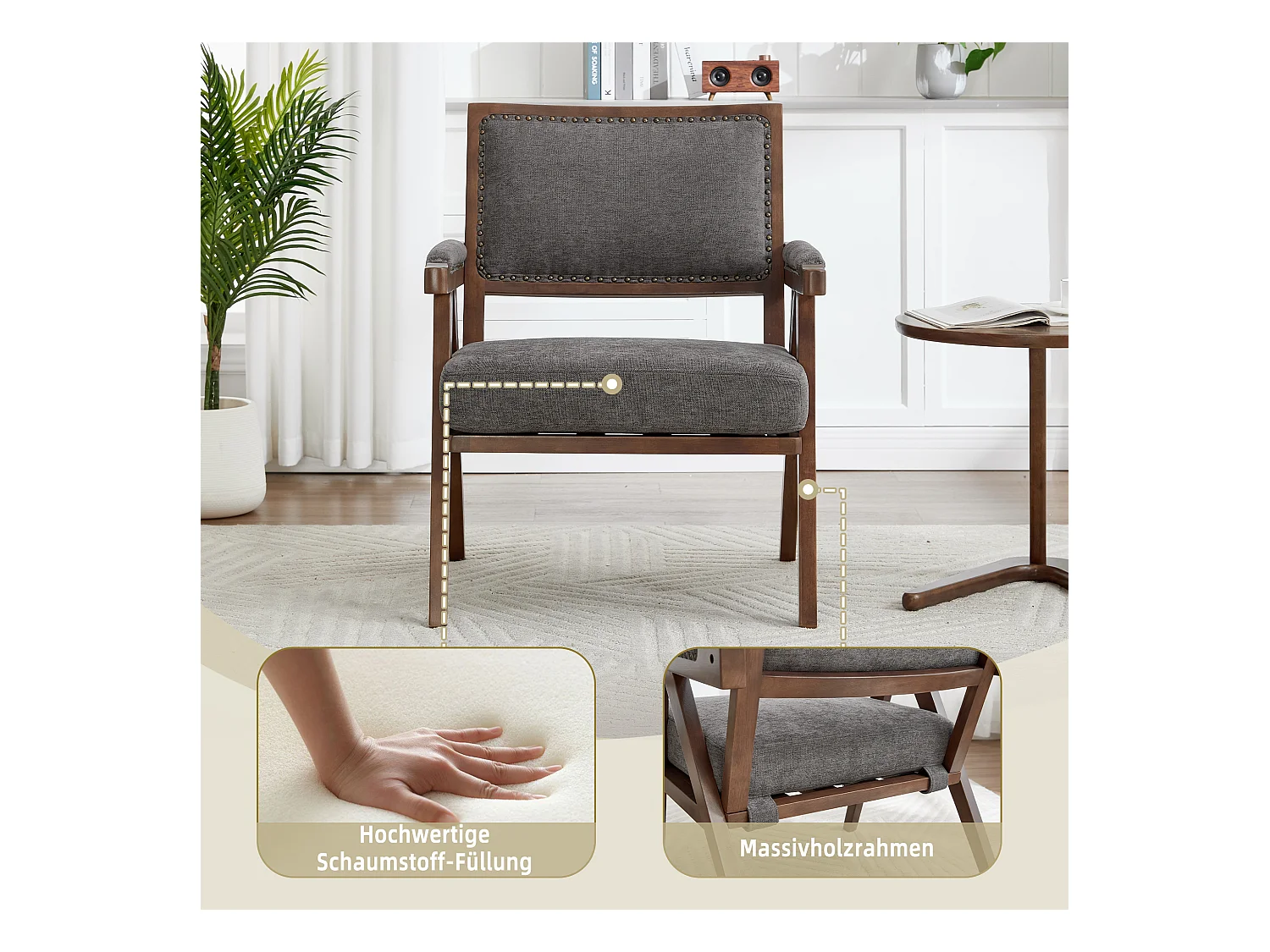 Sienna - Fauteuil Droit en Coton-Lin et Bois Massif - Fauteuil Vintage avec Dossier Ergonomique - Gris - Confortable pour Salon/Chambre/Bureau