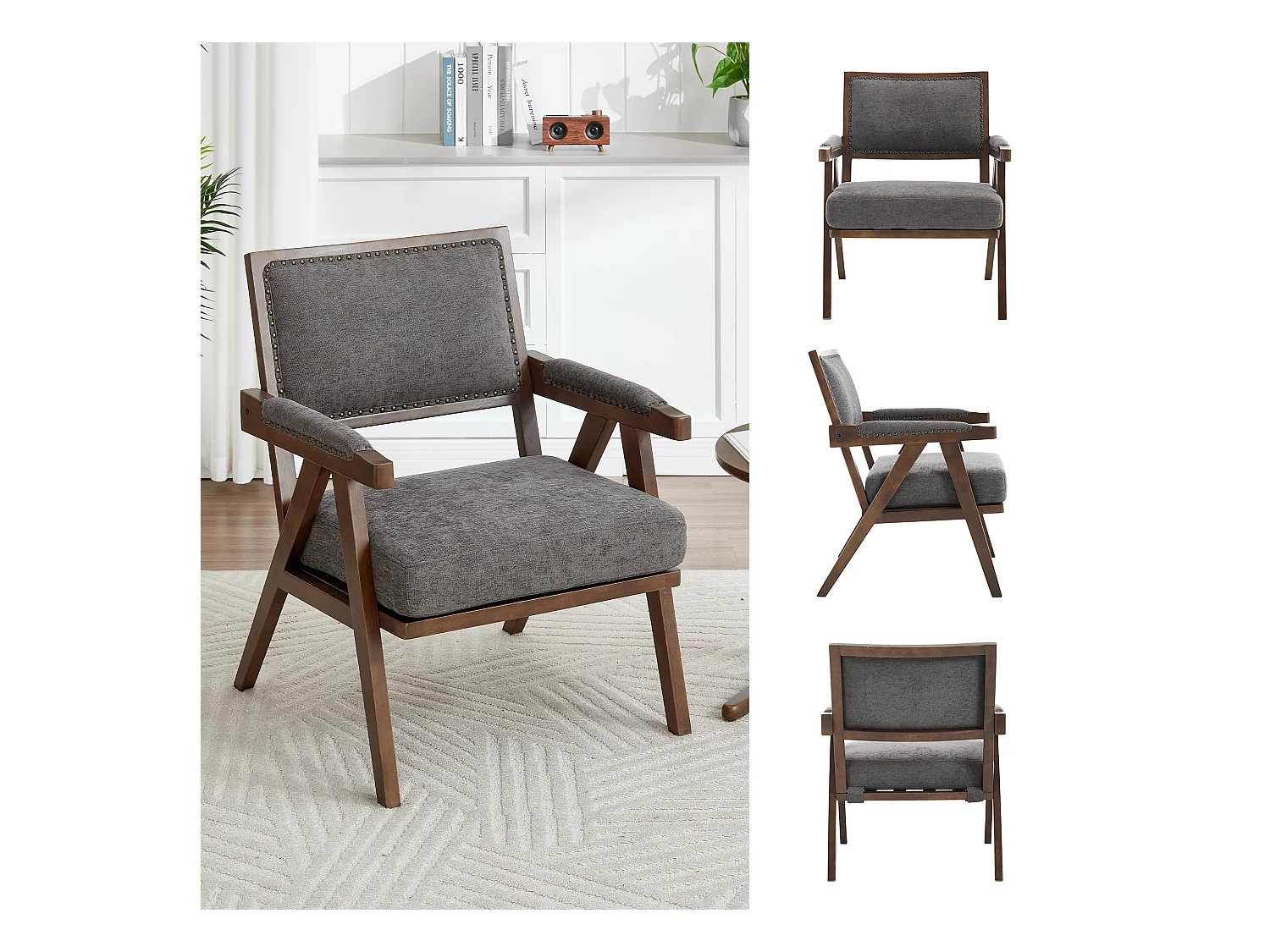 Sienna - Fauteuil Droit en Coton-Lin et Bois Massif - Fauteuil Vintage avec Dossier Ergonomique - Gris - Confortable pour Salon/Chambre/Bureau