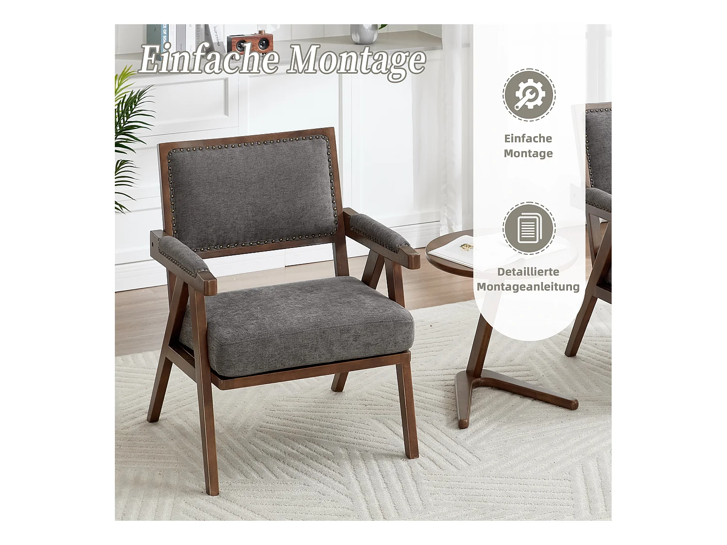 Sienna - Fauteuil Droit en Coton-Lin et Bois Massif - Fauteuil Vintage avec Dossier Ergonomique - Gris - Confortable pour Salon/Chambre/Bureau