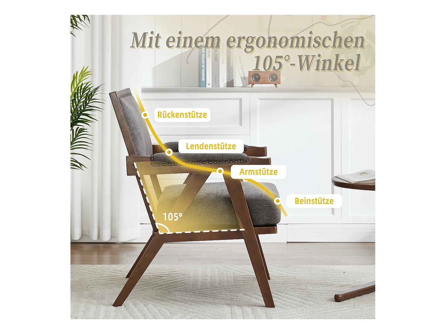 Sienna - Fauteuil Droit en Coton-Lin et Bois Massif - Fauteuil Vintage avec Dossier Ergonomique - Gris - Confortable pour Salon/Chambre/Bureau