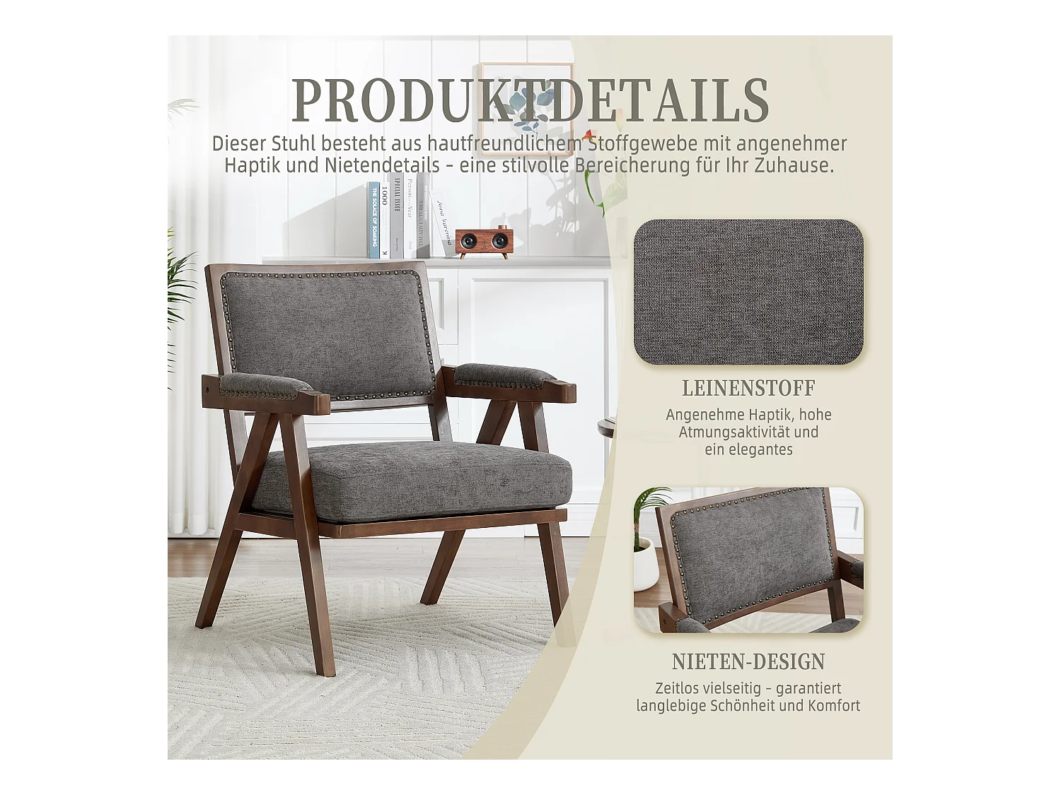 Sienna - Fauteuil Droit en Coton-Lin et Bois Massif - Fauteuil Vintage avec Dossier Ergonomique - Gris - Confortable pour Salon/Chambre/Bureau